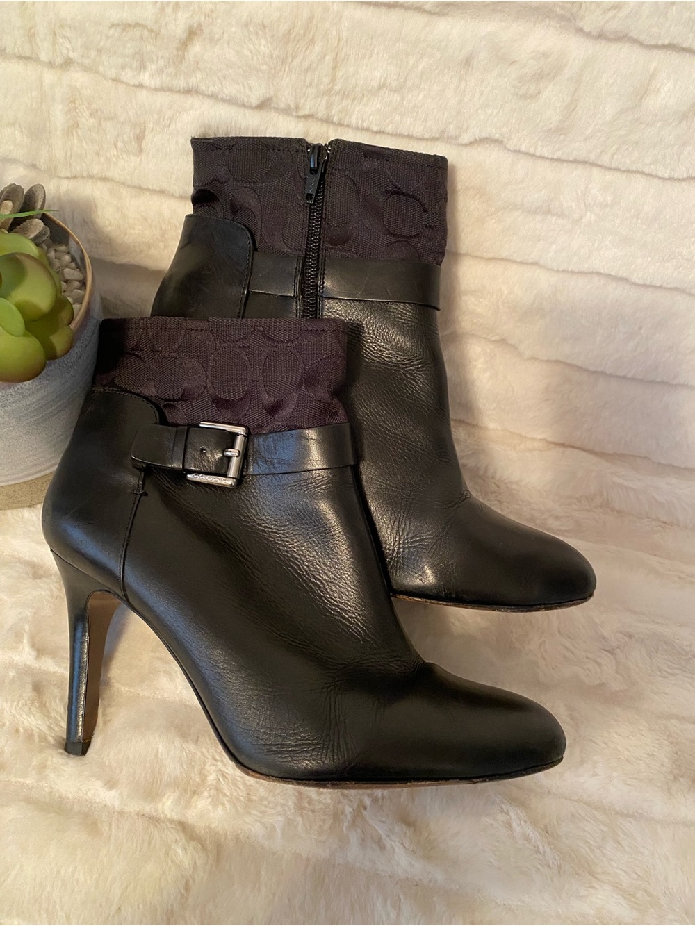 GUC Coach Black Leather Ankle Booties with Signature Fabric Cuff